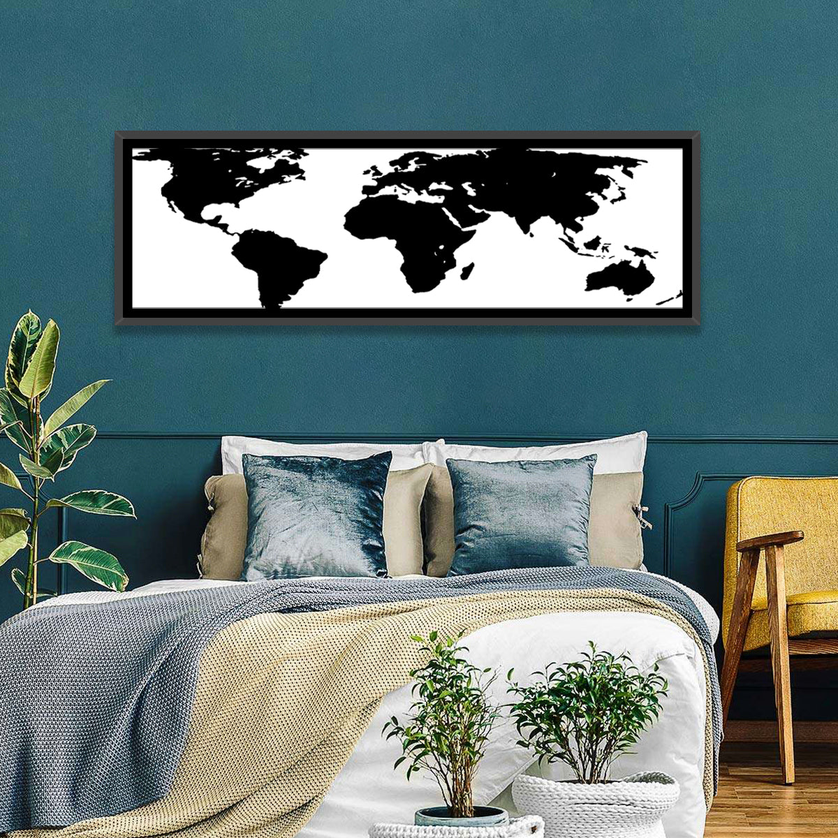 Minimalist Black World Map Wall Art in a room, panoramic