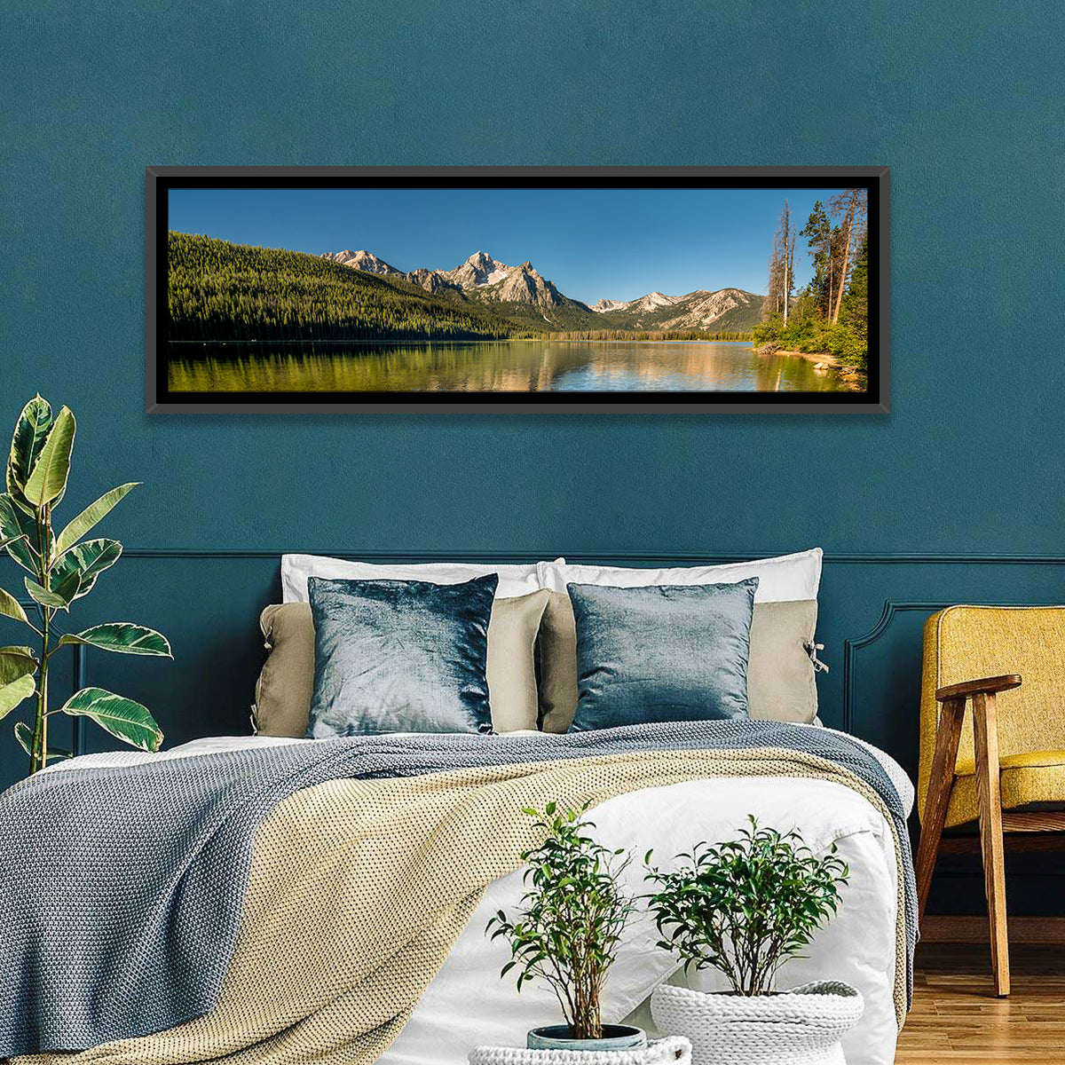 Morning Light at Stanley Lake Wall Art in a room, panoramic