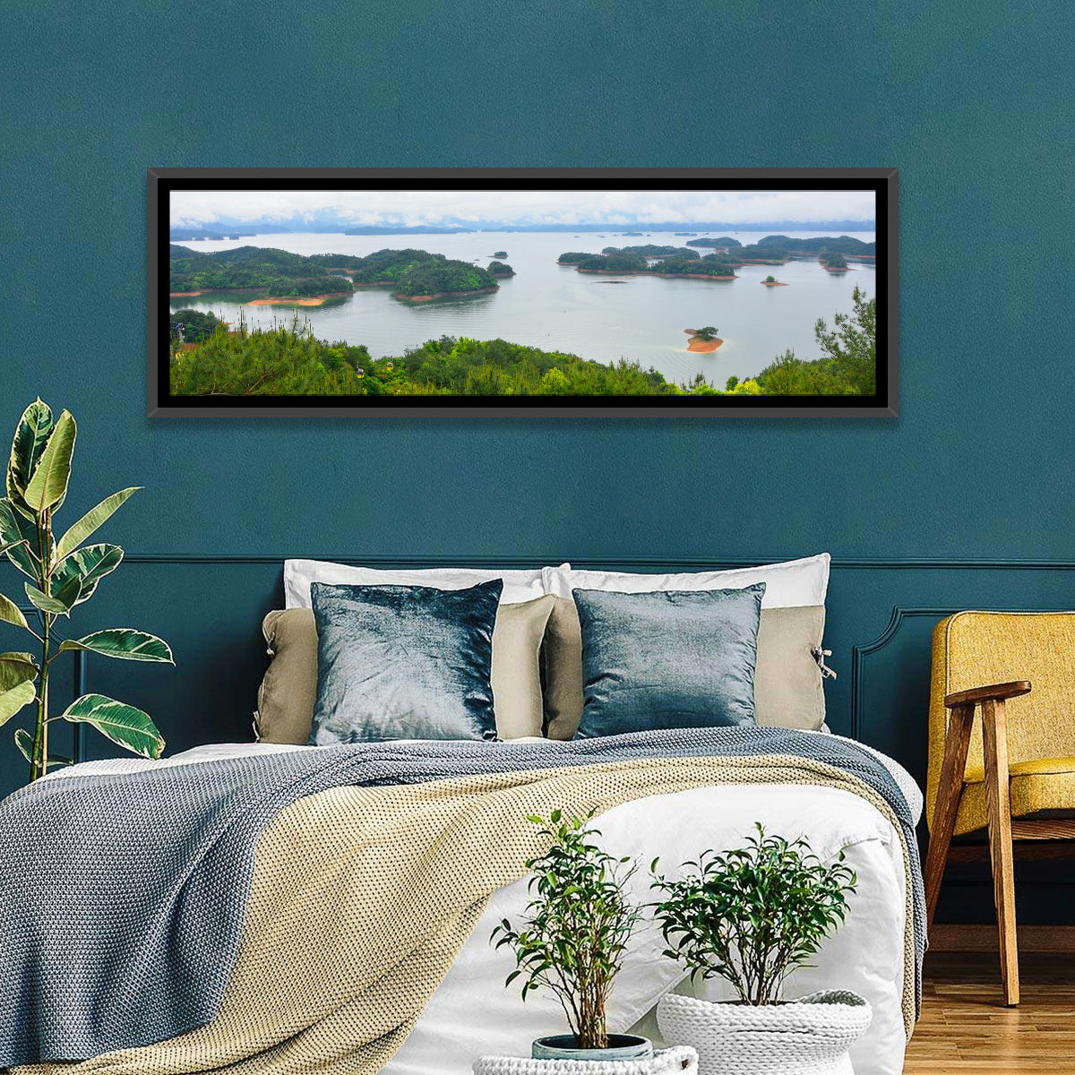 Qiandao Lake Islands View Wall Art in a room, panoramic