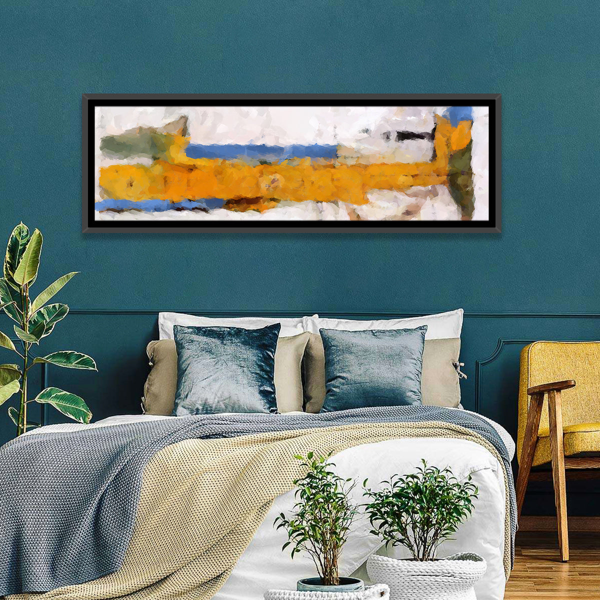 Lake Reflection in Yellow and Blue Wall Art in a room, panoramic