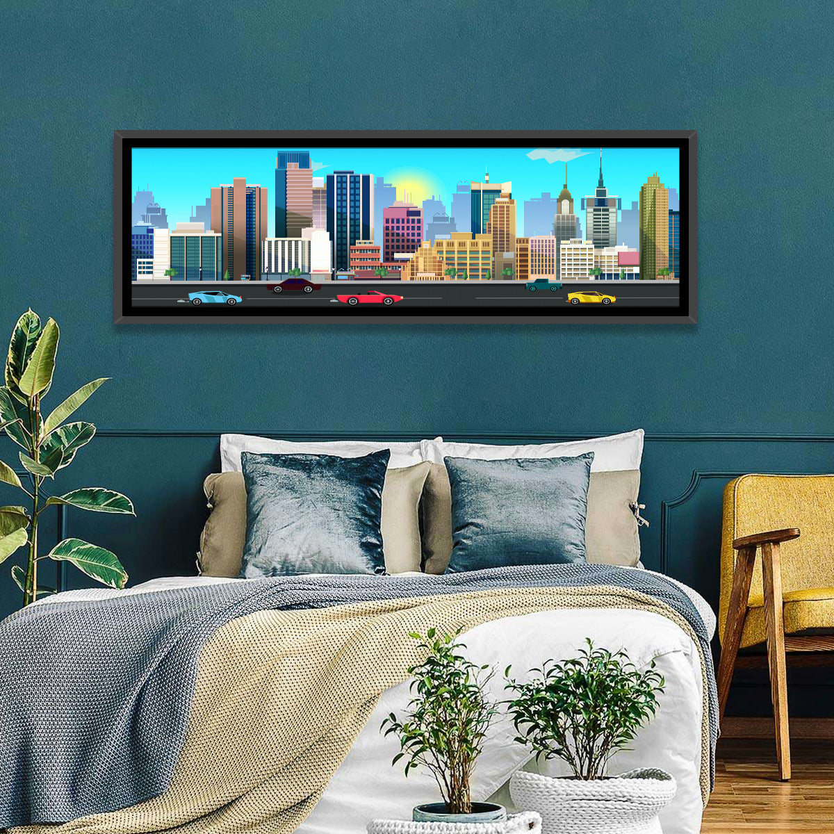 Geometric City Skyline with Sun Flare Wall Art in a room, panoramic