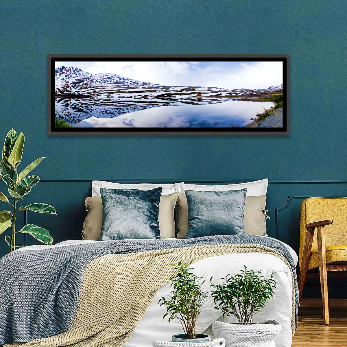 Alaskan Glacial Lake Wall Art in a room, panoramic