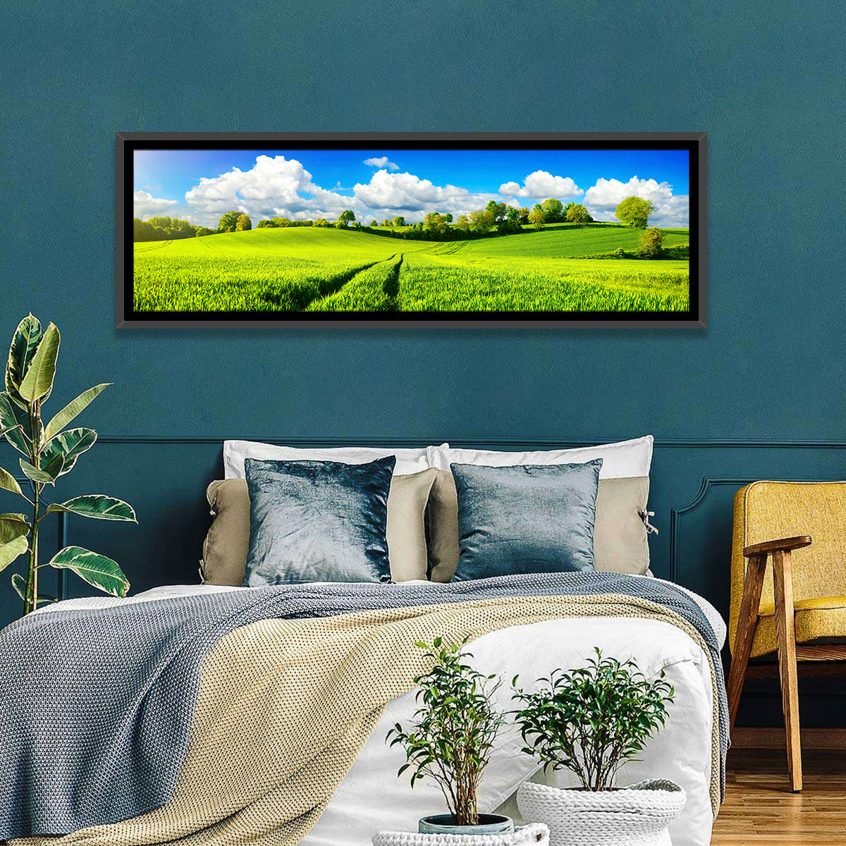 Tractor Tracks Through Green Rolling Hills Wall Art in a room, panoramic