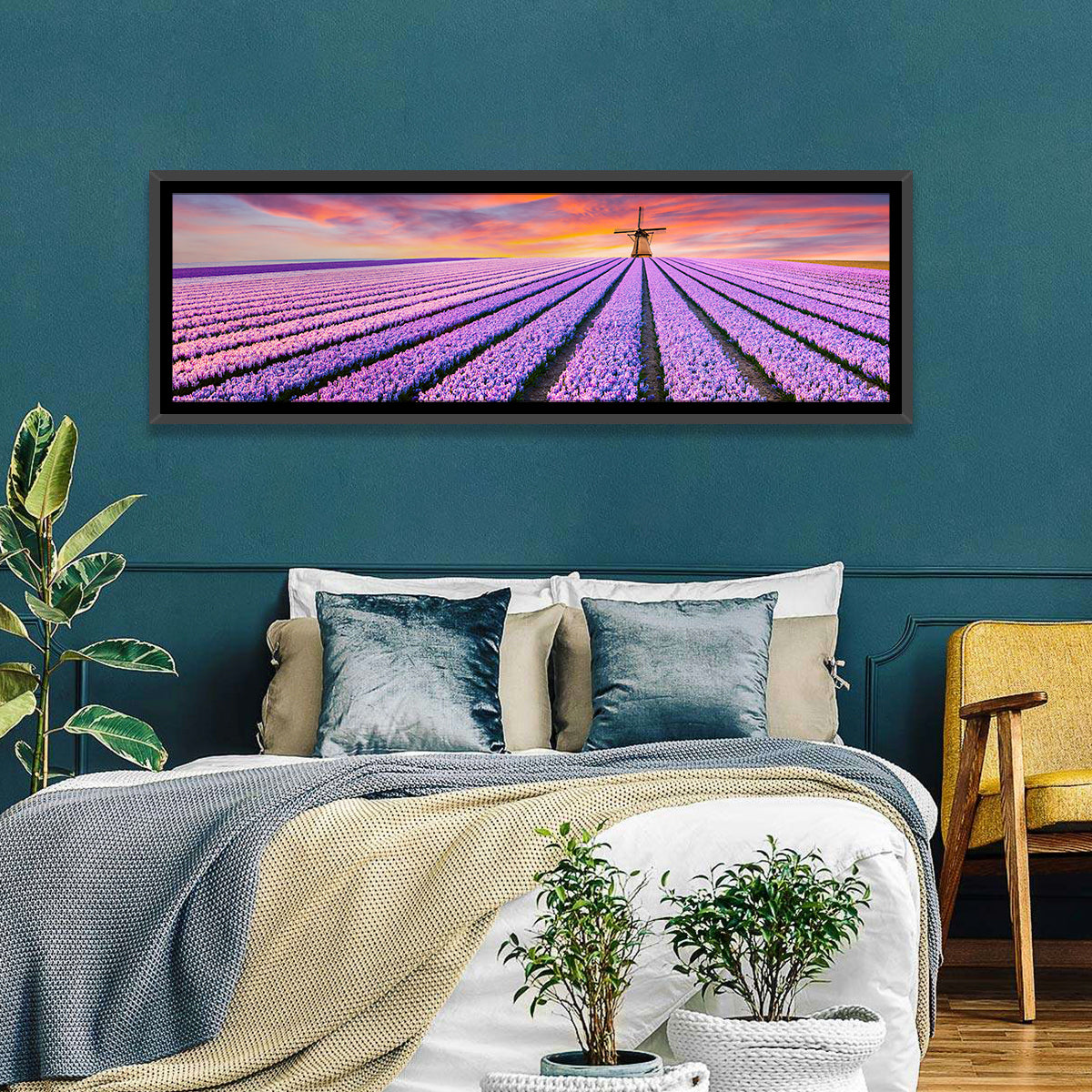 Hyacinth Field at Sunset Wall Art in a room, panoramic
