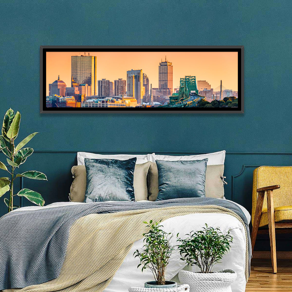 Tobin Bridge to Boston Skyline at Golden Hour Wall Art in a room, panoramic