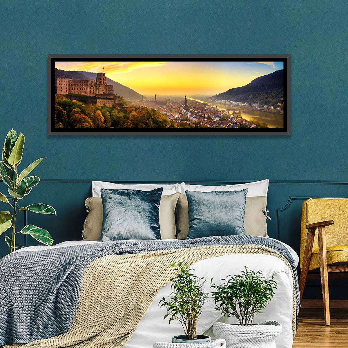 Heidelberg Castle at Dusk Wall Art in a room, panoramic