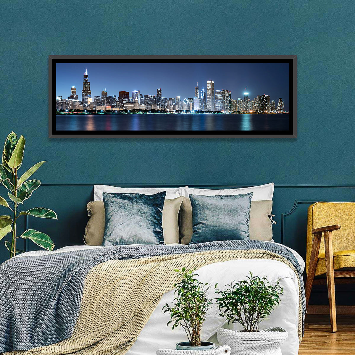 Chicago Night Skyline Wall Art in a room, panoramic