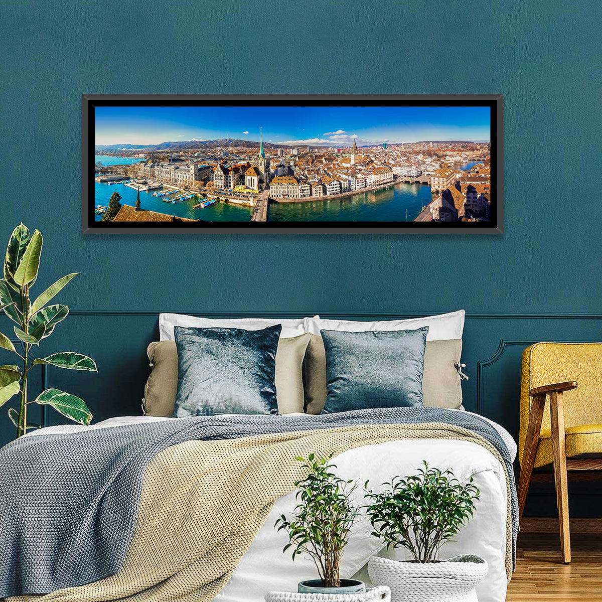 Zurich Cityscape Wall Art in a room, panoramic