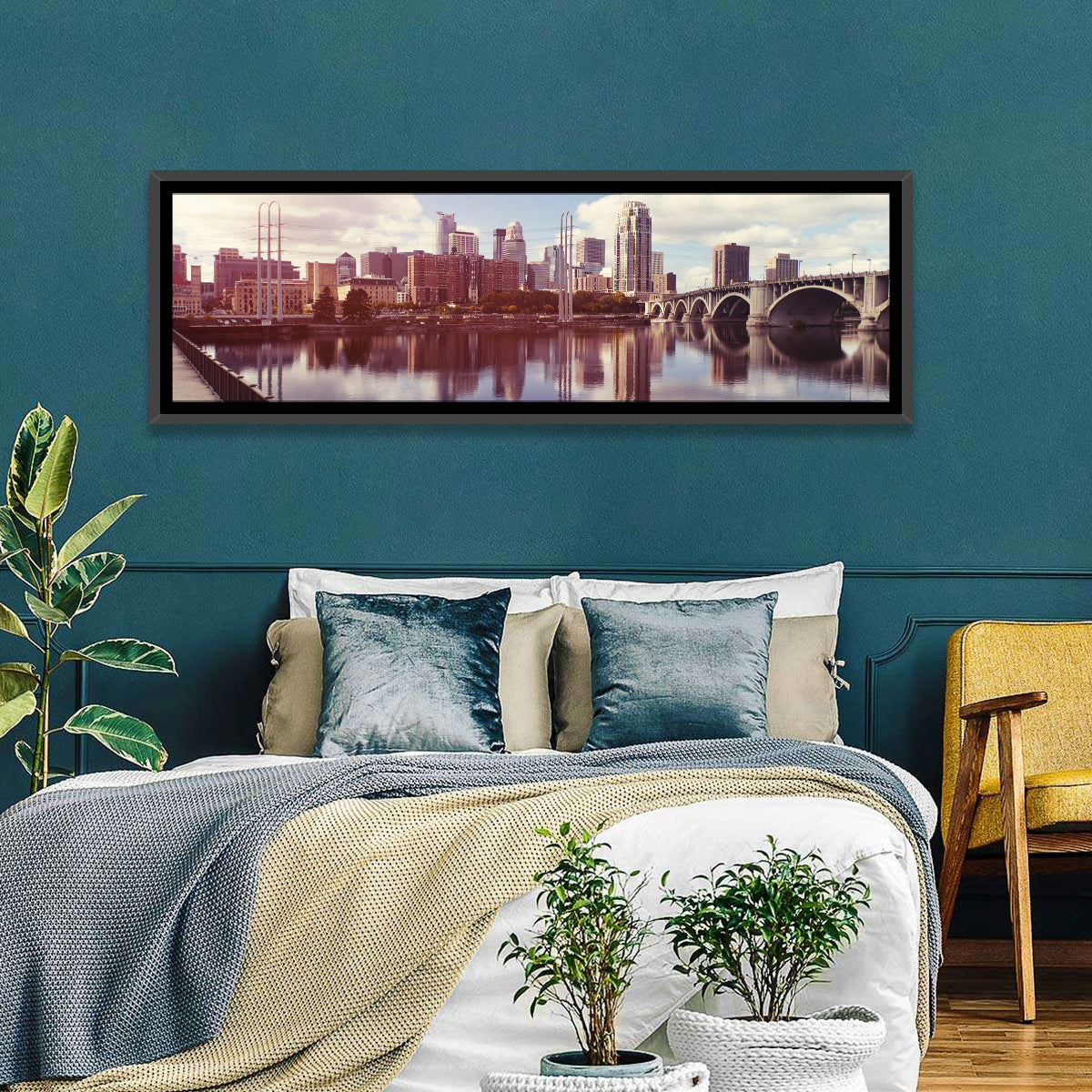 Minneapolis Skyline at Third Avenue Bridge Wall Art in a room, panoramic
