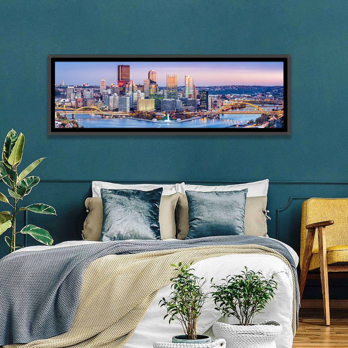 Pittsburgh Twilight Skyline Wall Art in a room, panoramic