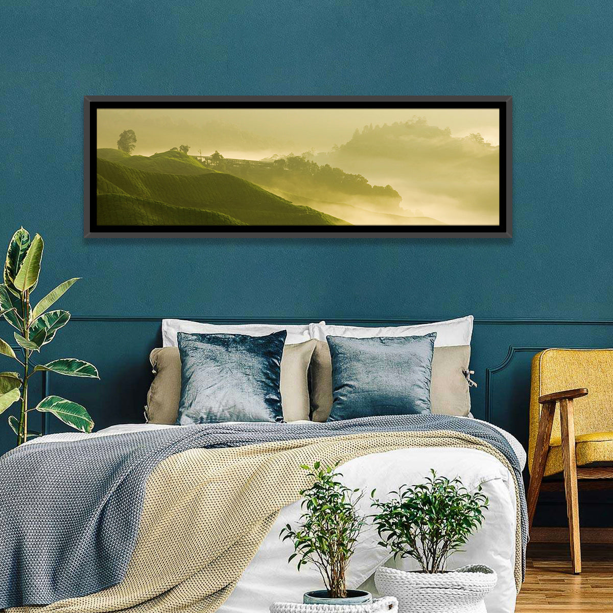 Tea Plantation Morning Mist Wall Art in a room, panoramic