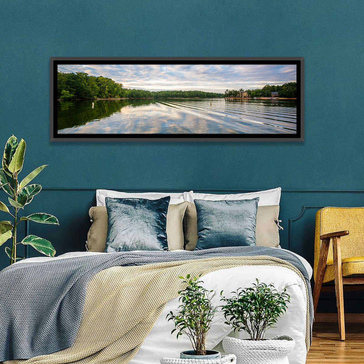 Cloudy Lake Norman Landscape Wall Art in a room, panoramic