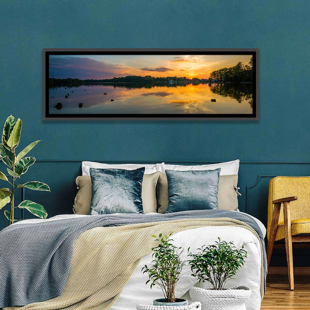 Lake Norman Sunset Reflection Wall Art in a room, panoramic