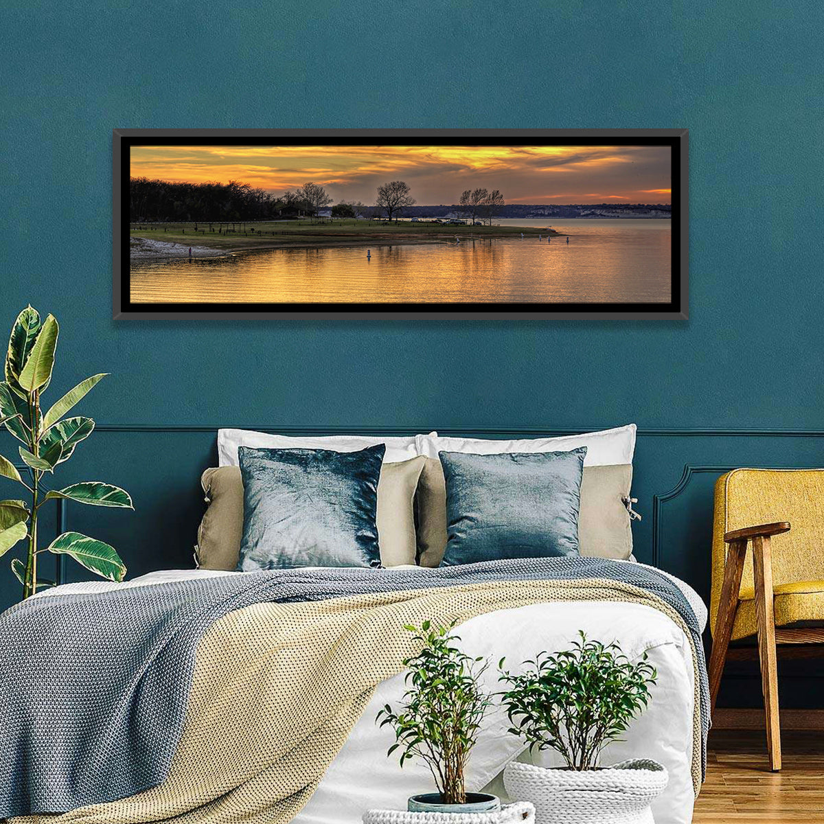Lake Whitney Sunset Wall Art in a room, panoramic