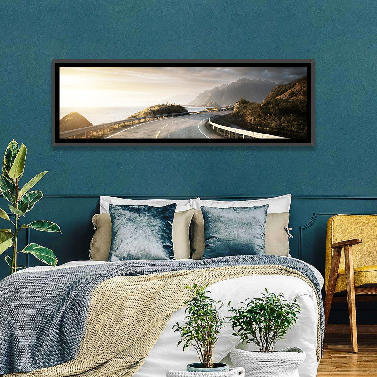 Golden Sunrise Coastal Road Wall Art in a room, panoramic
