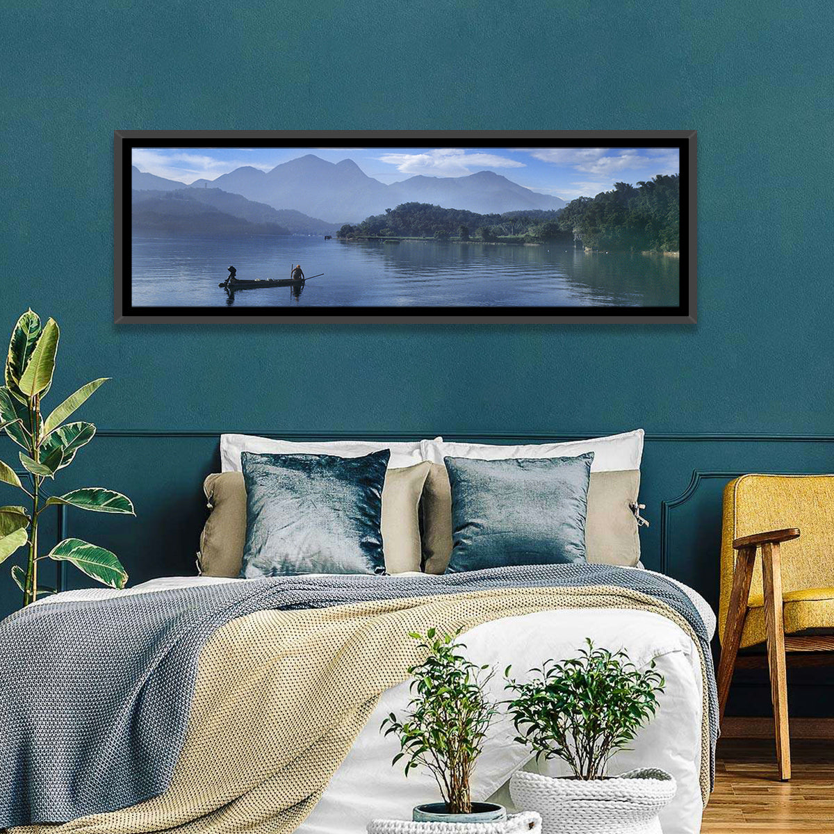 Sun Moon Lake Morning Mist Wall Art in a room, panoramic