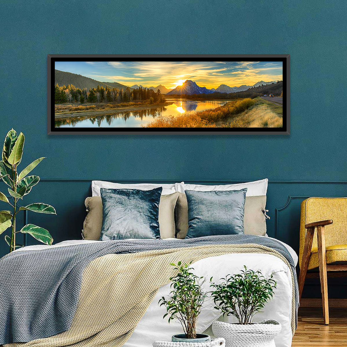 Oxbow Bend Sunrise Wall Art in a room, panoramic
