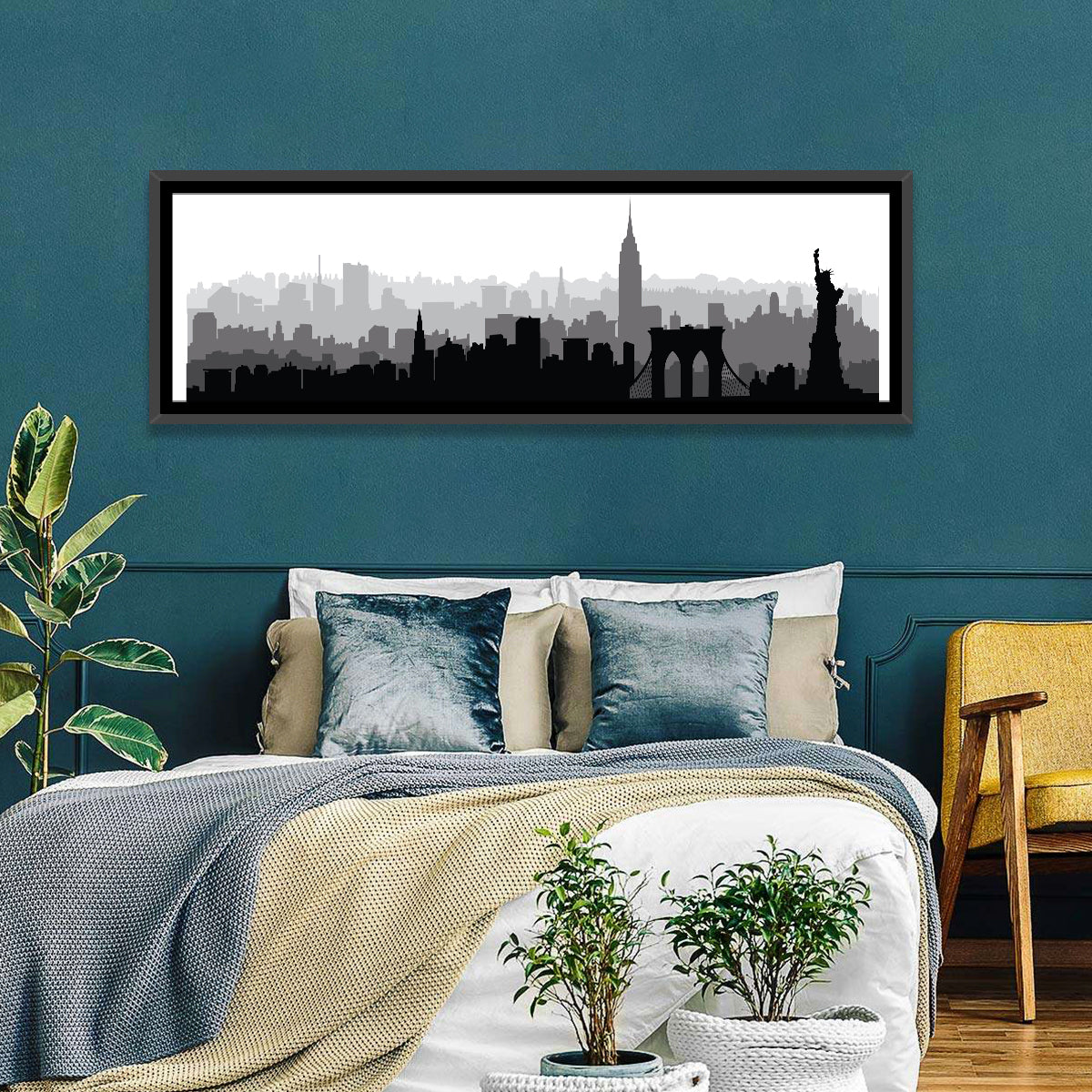 New York Skyline Silhouette Wall Art in a room, panoramic