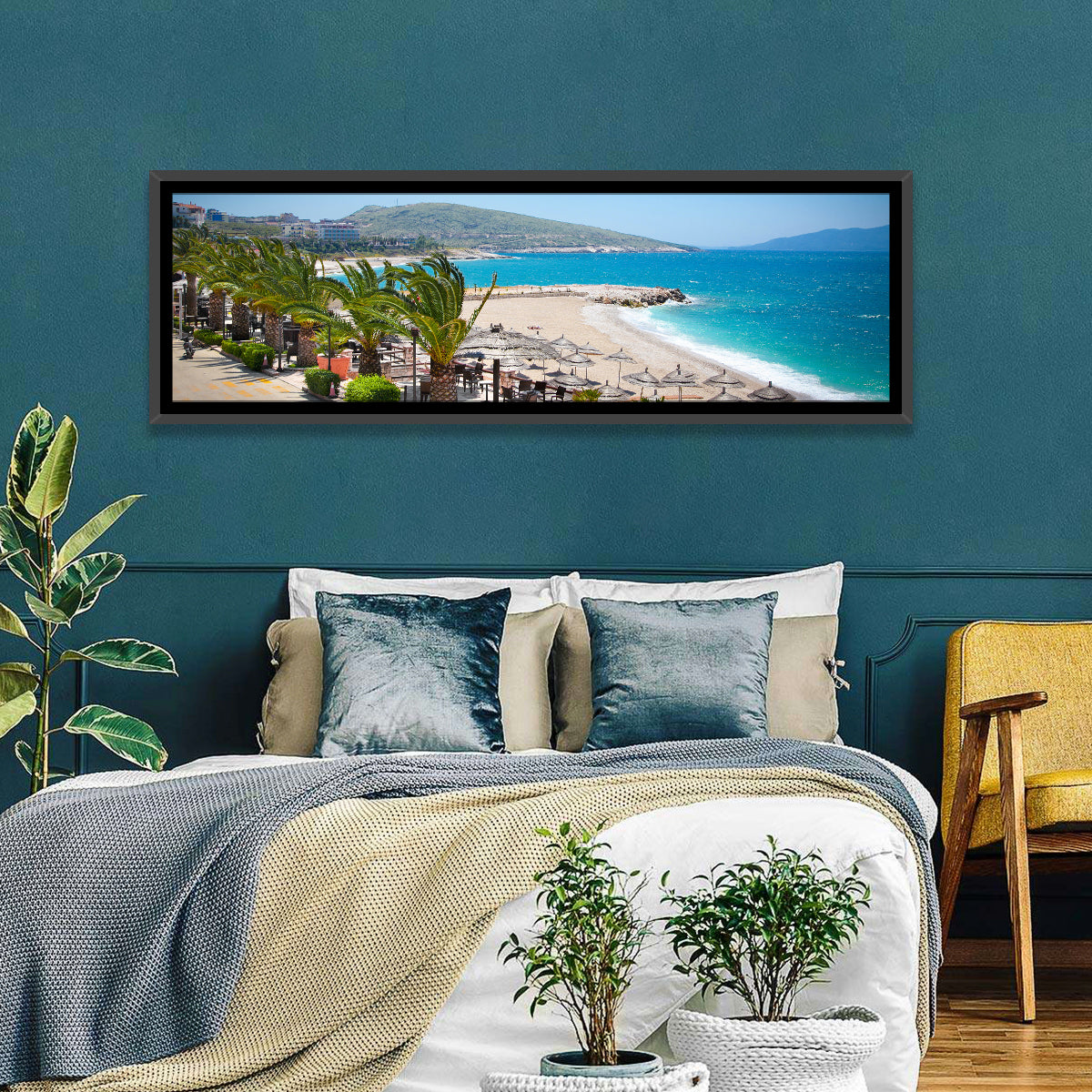 Saranda Seaside View Wall Art in a room, panoramic