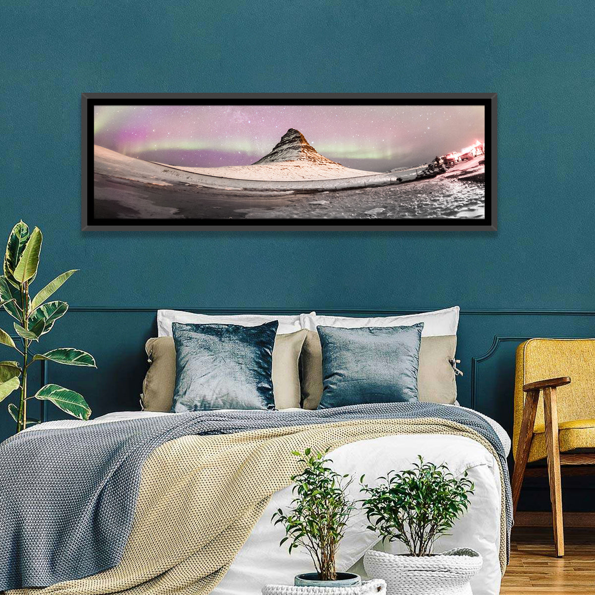 Aurora Over Kirkjufell Wall Art in a room, panoramic