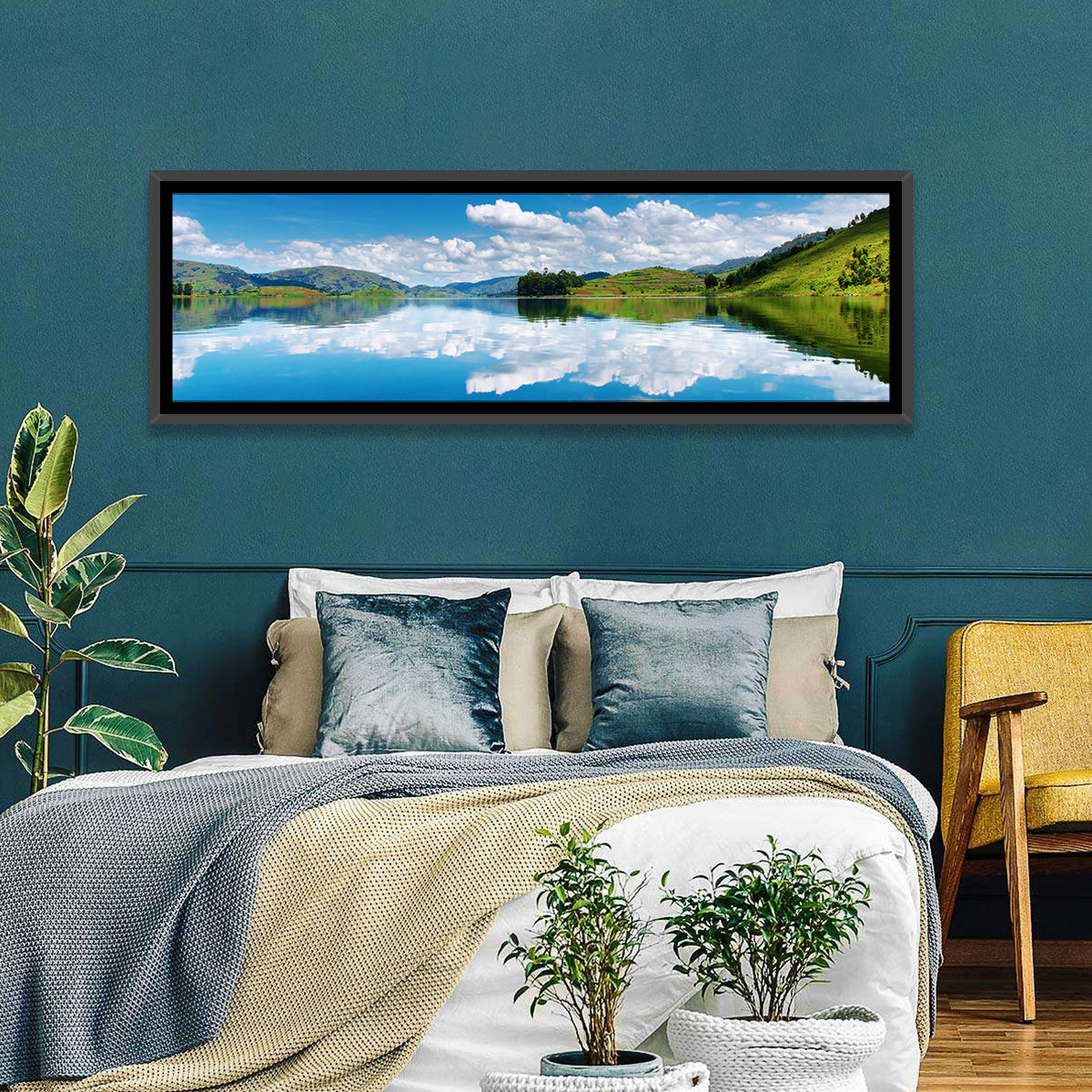Bunyonyi Lake Reflection Wall Art in a room, panoramic