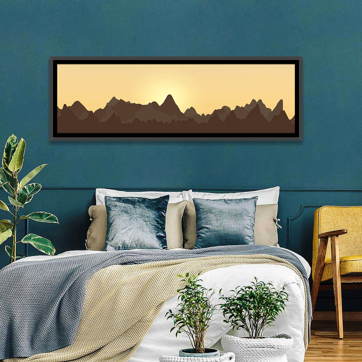 Sunset Mountain Silhouettes Wall Art in a room, panoramic