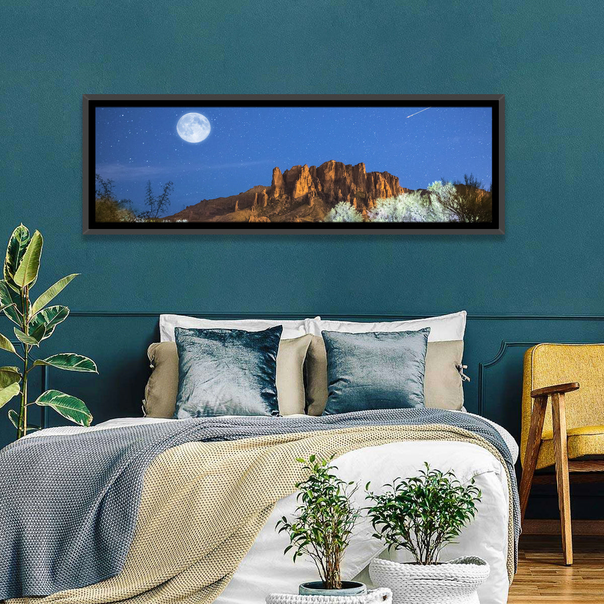 Moonlit Superstition Mountains Arizona Wall Art in a room, panoramic