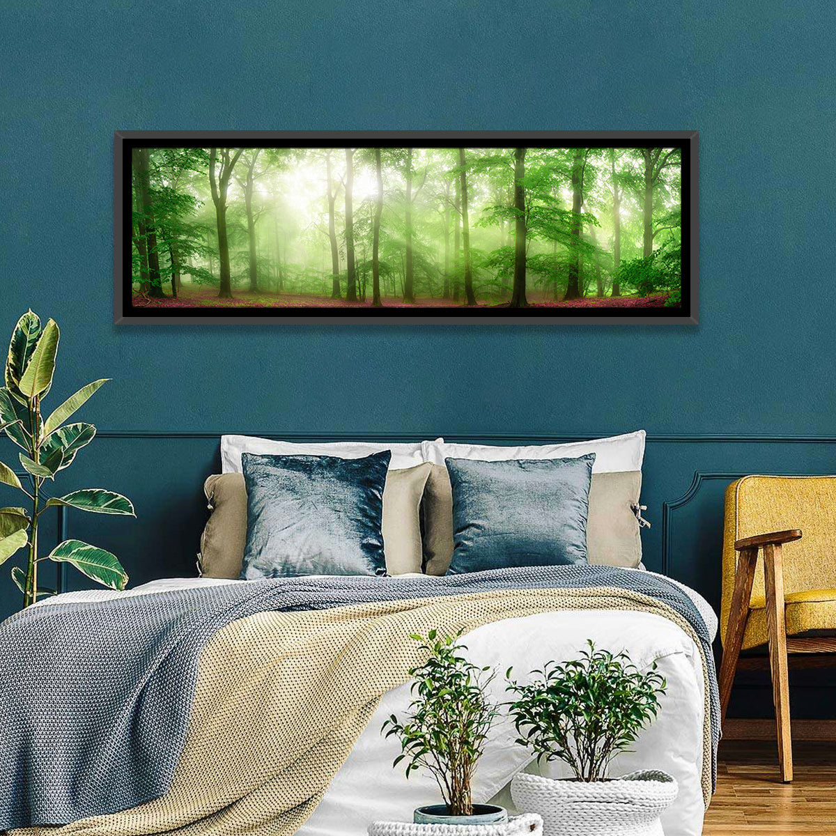 Sunlit Misty Forest Wall Art in a room, panoramic