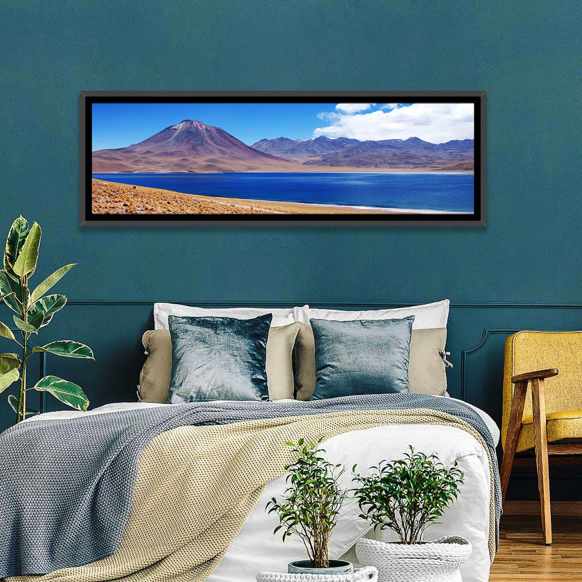 Miscanti Lagoon and Miñiques Volcano Wall Art in a room, panoramic