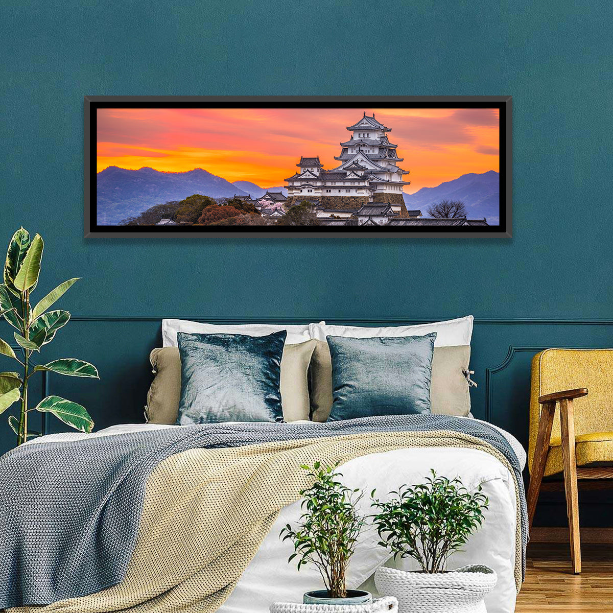 Himeji Castle at Sunrise Wall Art in a room, panoramic