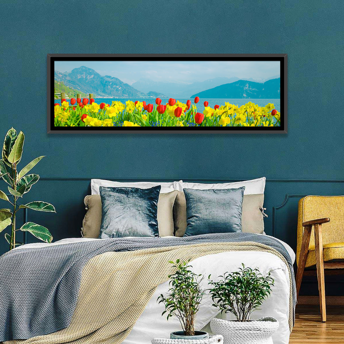 Lake Lucerne Daffodils Wall Art in a room, panoramic