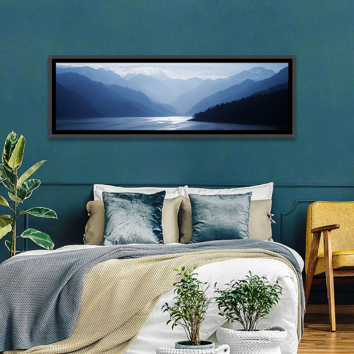 Xinjiang Lakeshore Serenity Wall Art in a room, panoramic