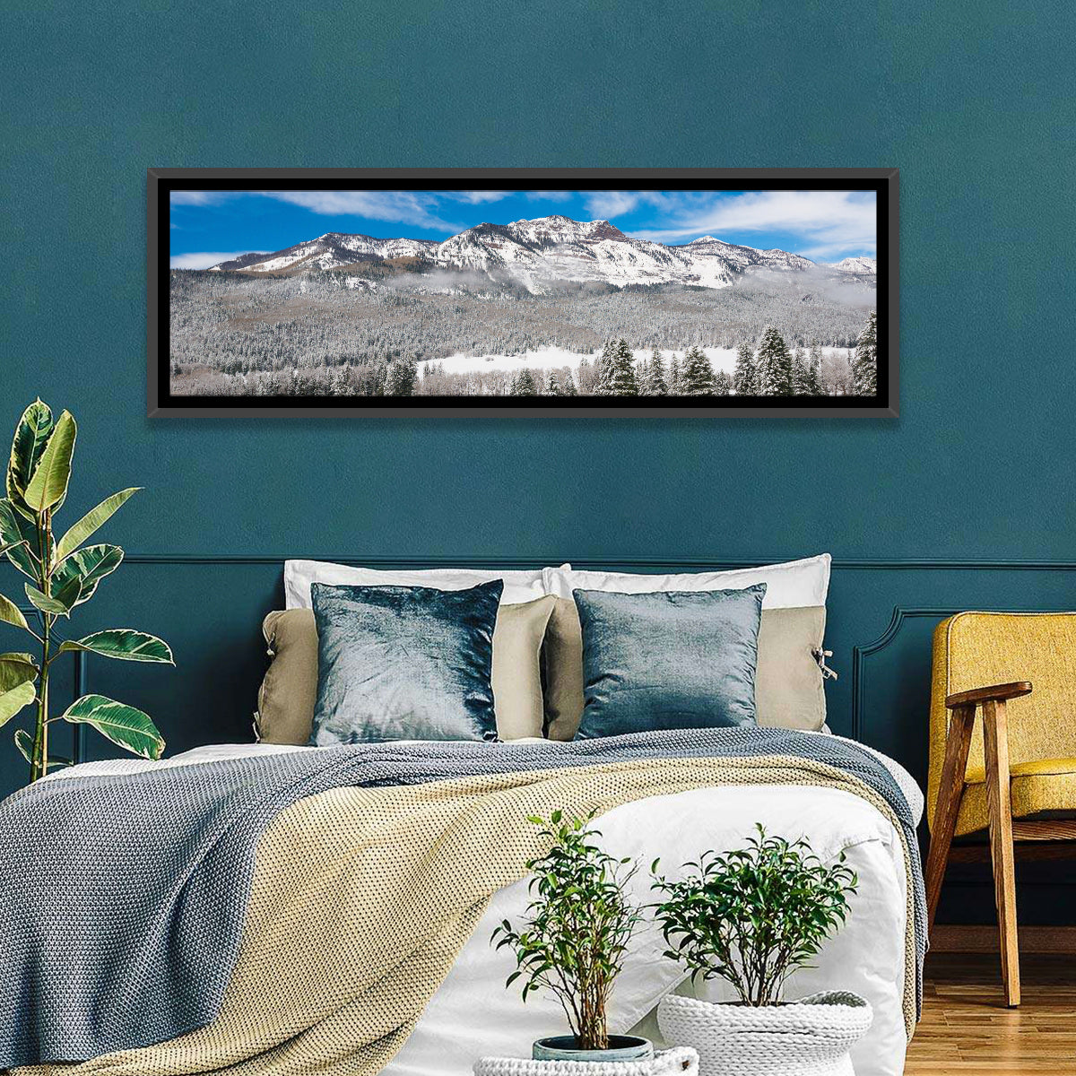 Colorado Snowy Mountain Cabin Wall Art in a room, panoramic