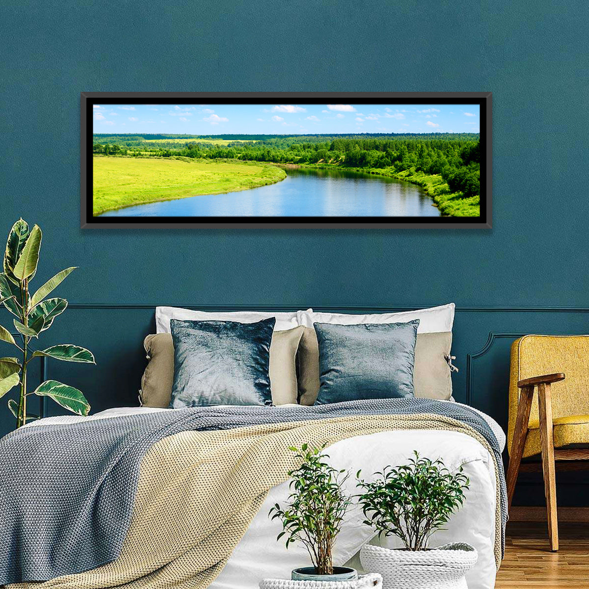 Blue River Meadow Wall Art in a room, panoramic