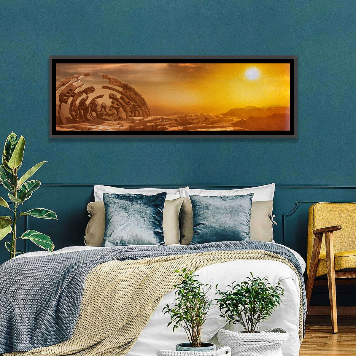 Deserted Alien Planet at Dusk Wall Art in a room, panoramic