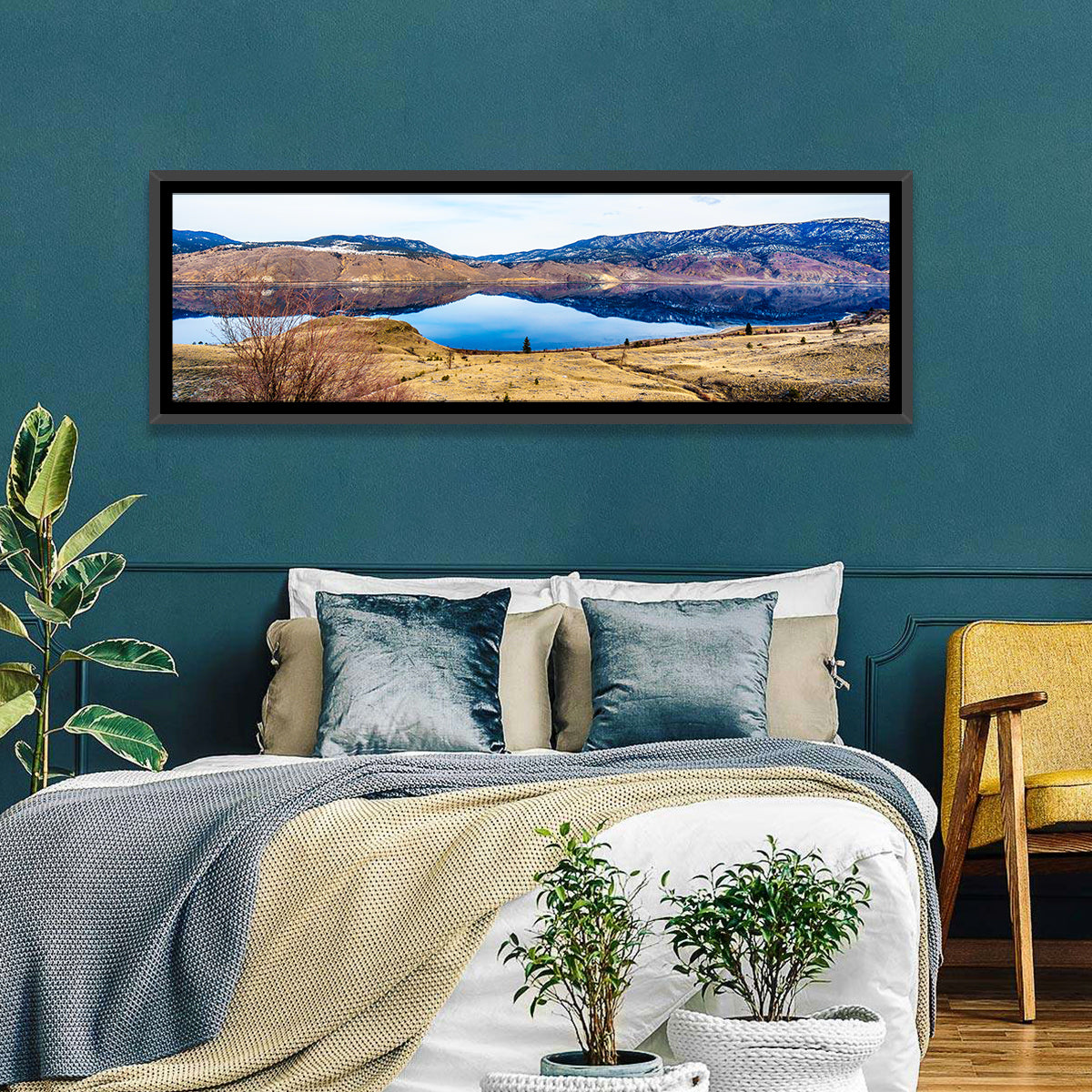 Kamloops Lake Winter Reflection Wall Art in a room, panoramic