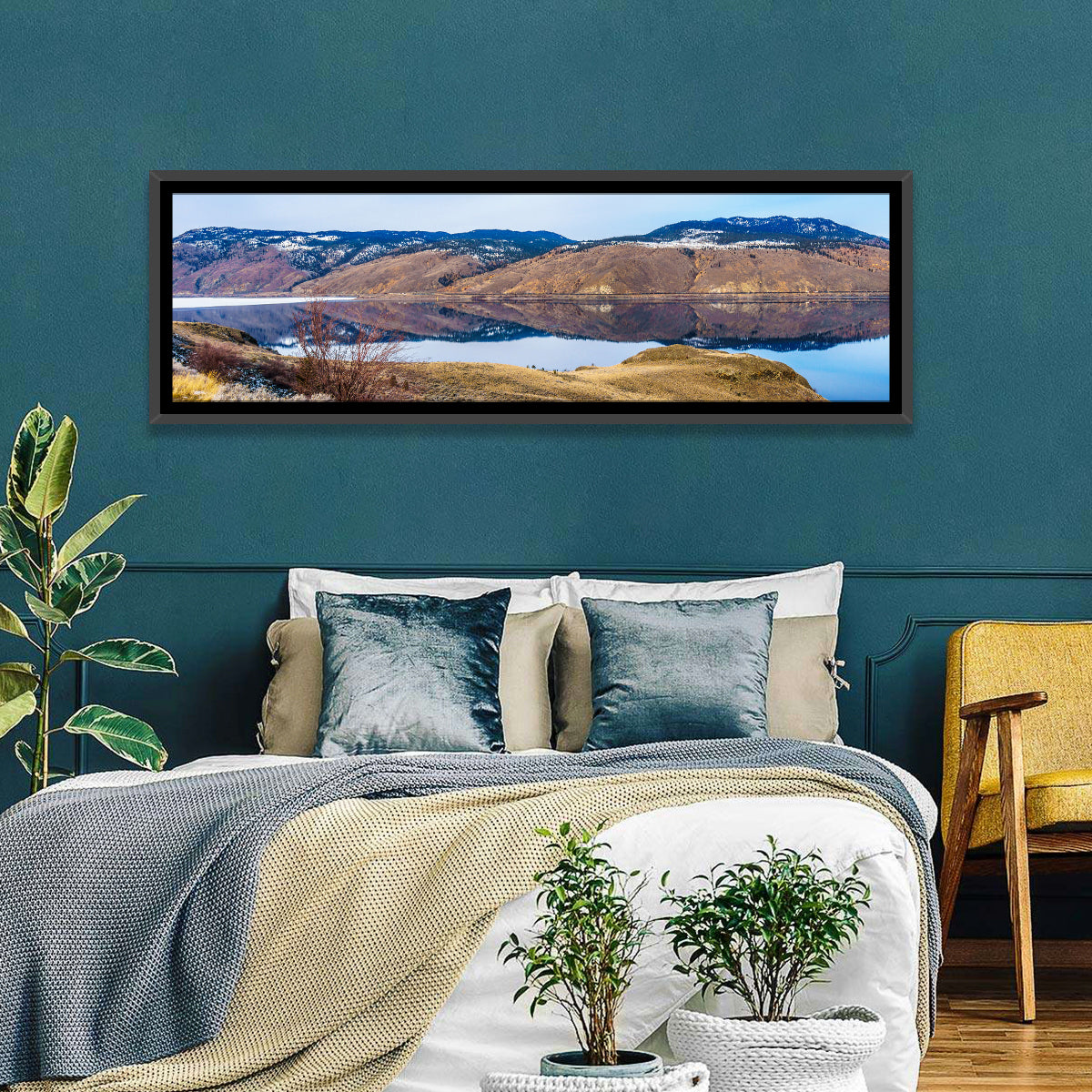 Kamloops Lake Mountain Reflection Wall Art in a room, panoramic