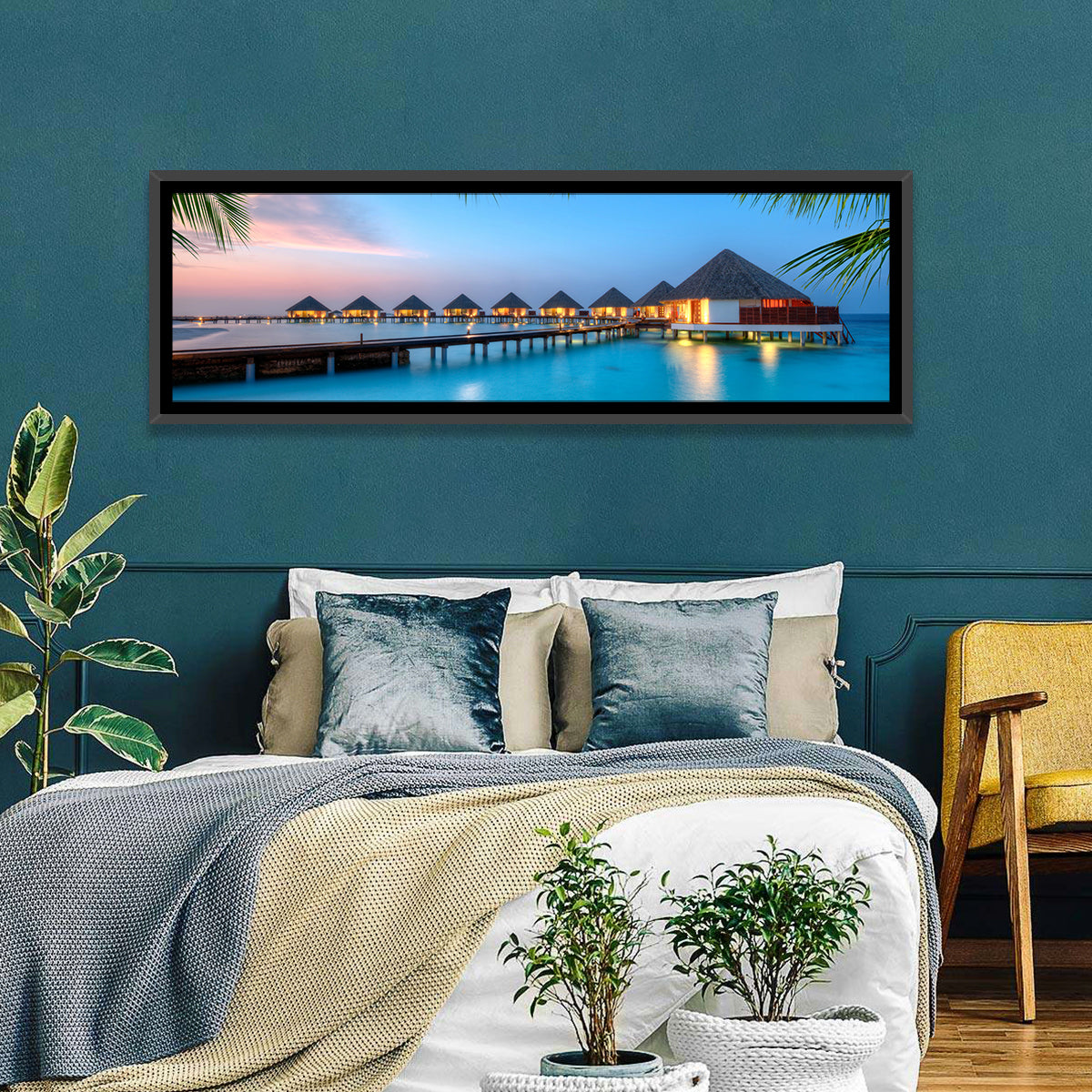 Overwater Bungalows at Twilight Wall Art