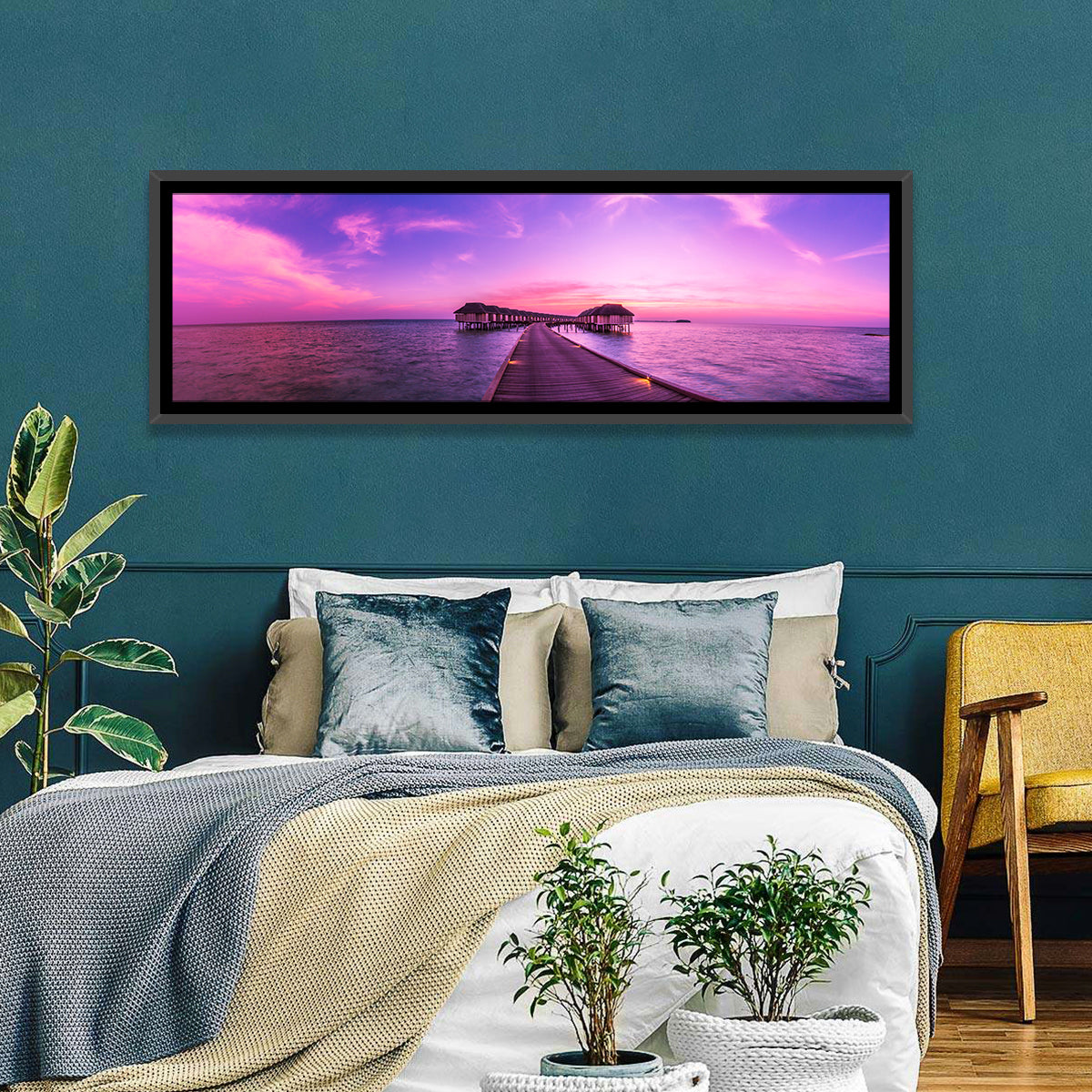 Sunset Pier Overwater Bungalows Wall Art in a room, panoramic