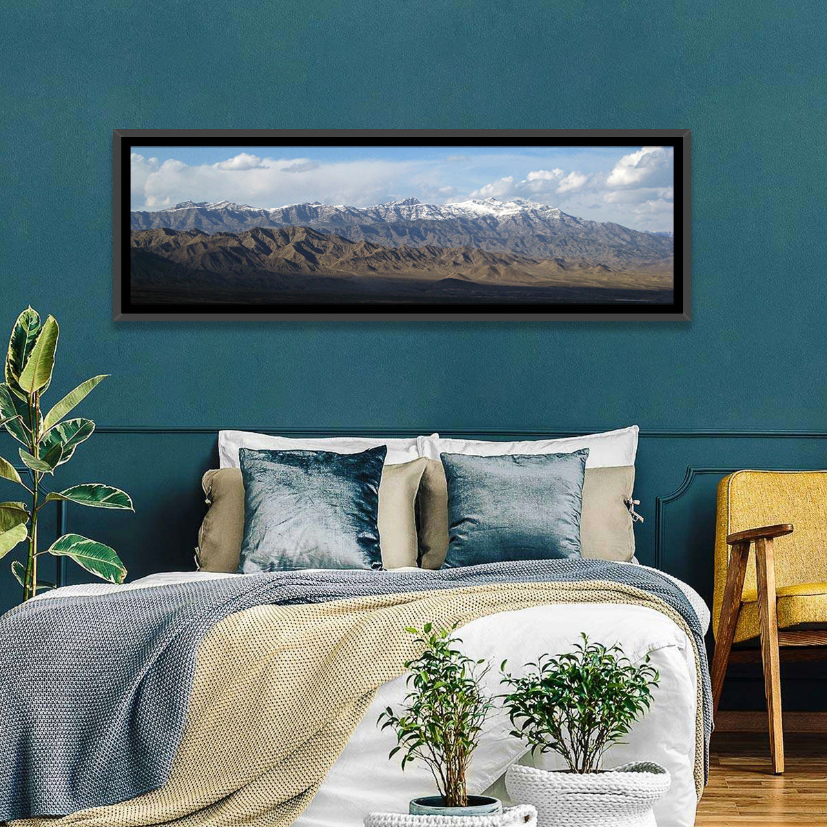 Snow-capped Afghan Mountains Wall Art in a room, panoramic