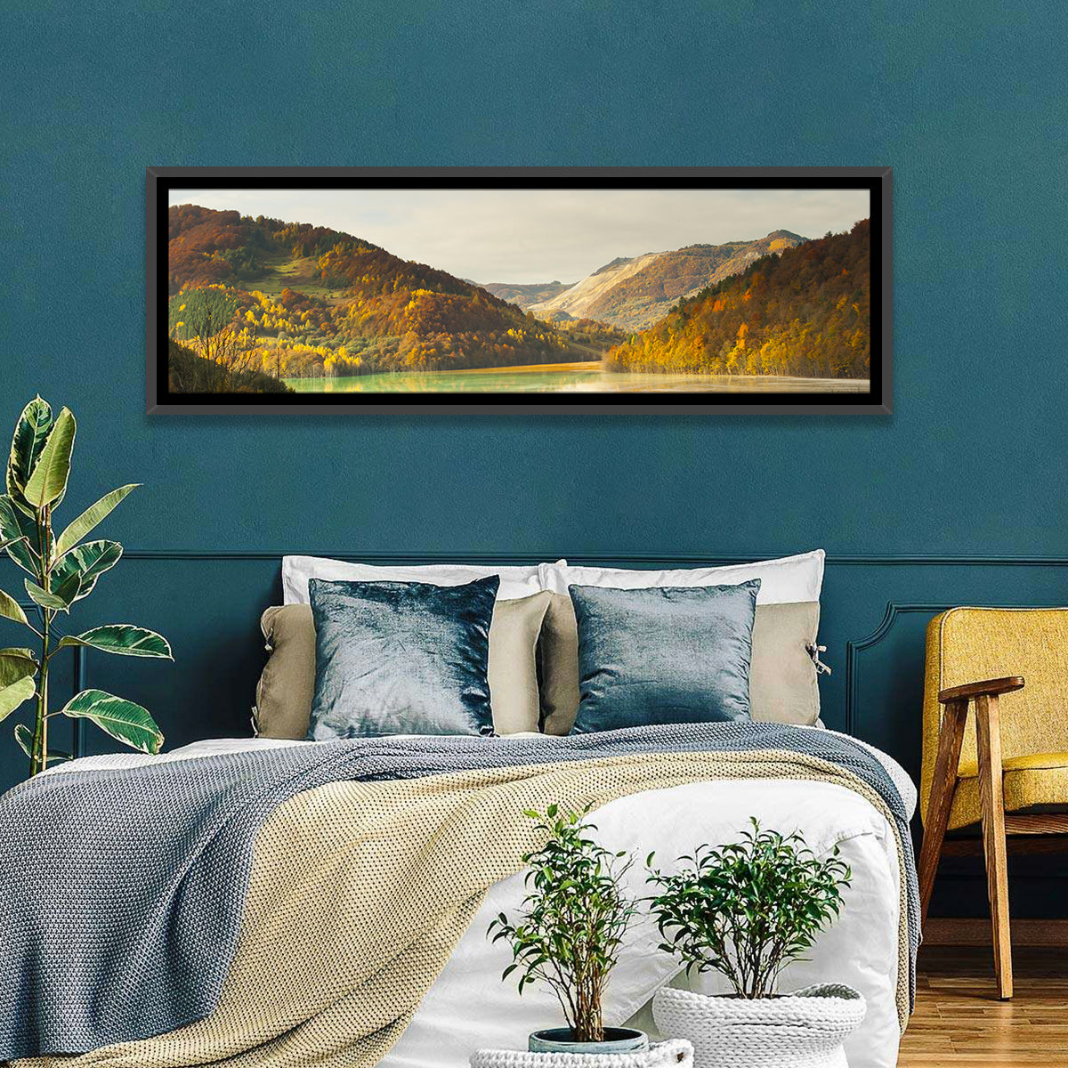 Bright Green Tailings Lake Wall Art in a room, panoramic