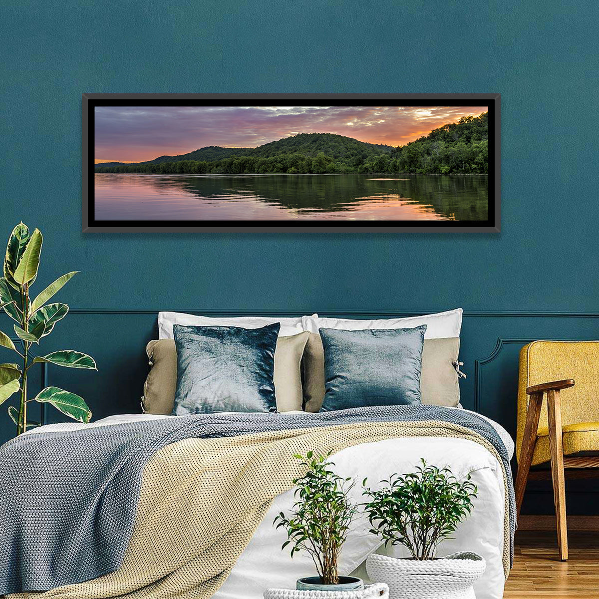 Ohio River Paden City at Dusk Wall Art in a room, panoramic
