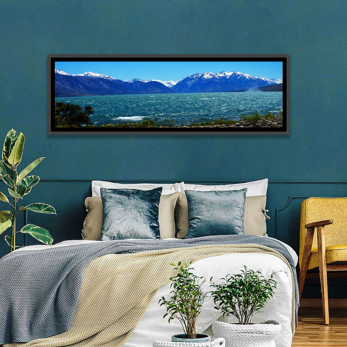 Lake Ohau Snow Peaks Wall Art in a room, panoramic