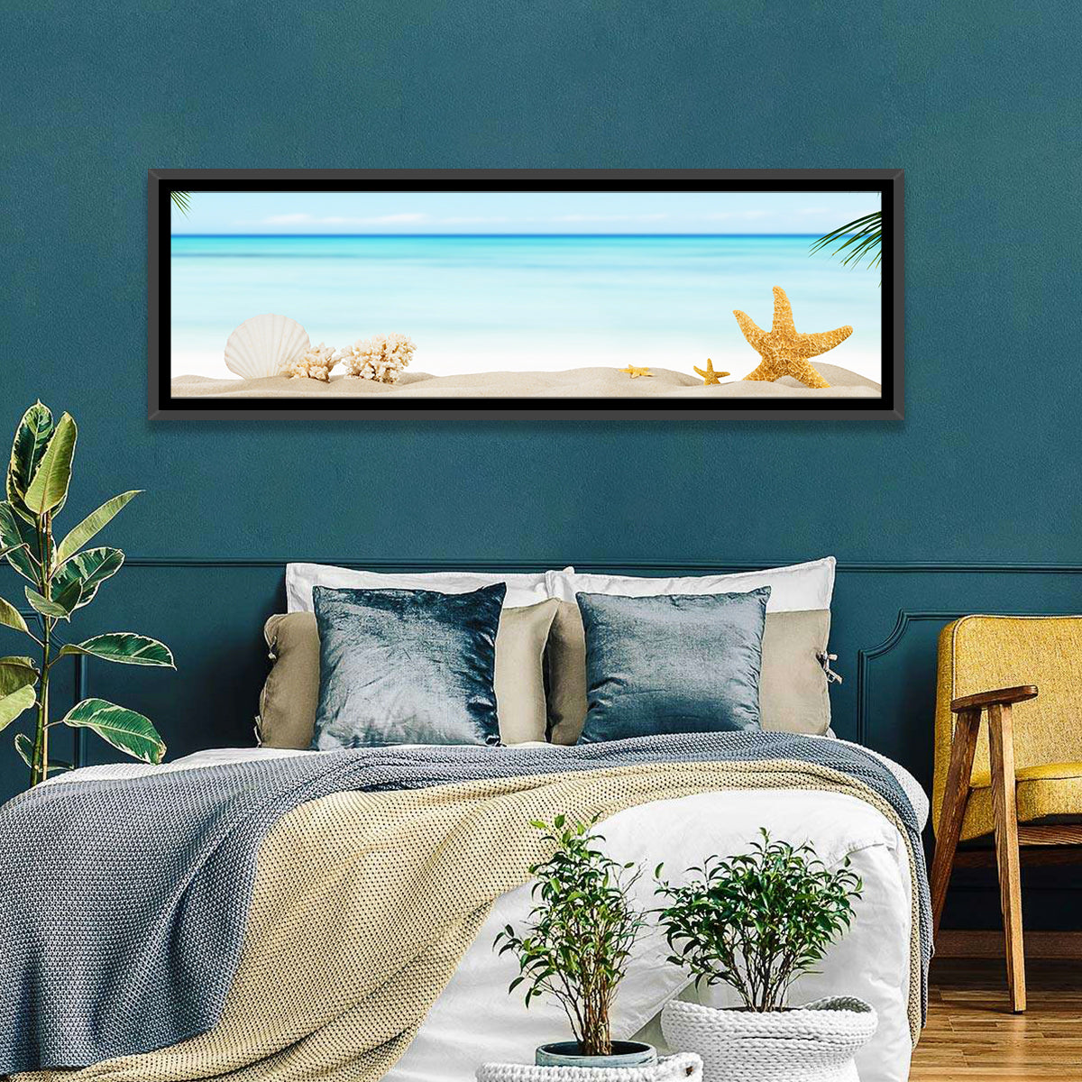 Seashell and Starfish Beach Still Life Wall Art in a room, panoramic