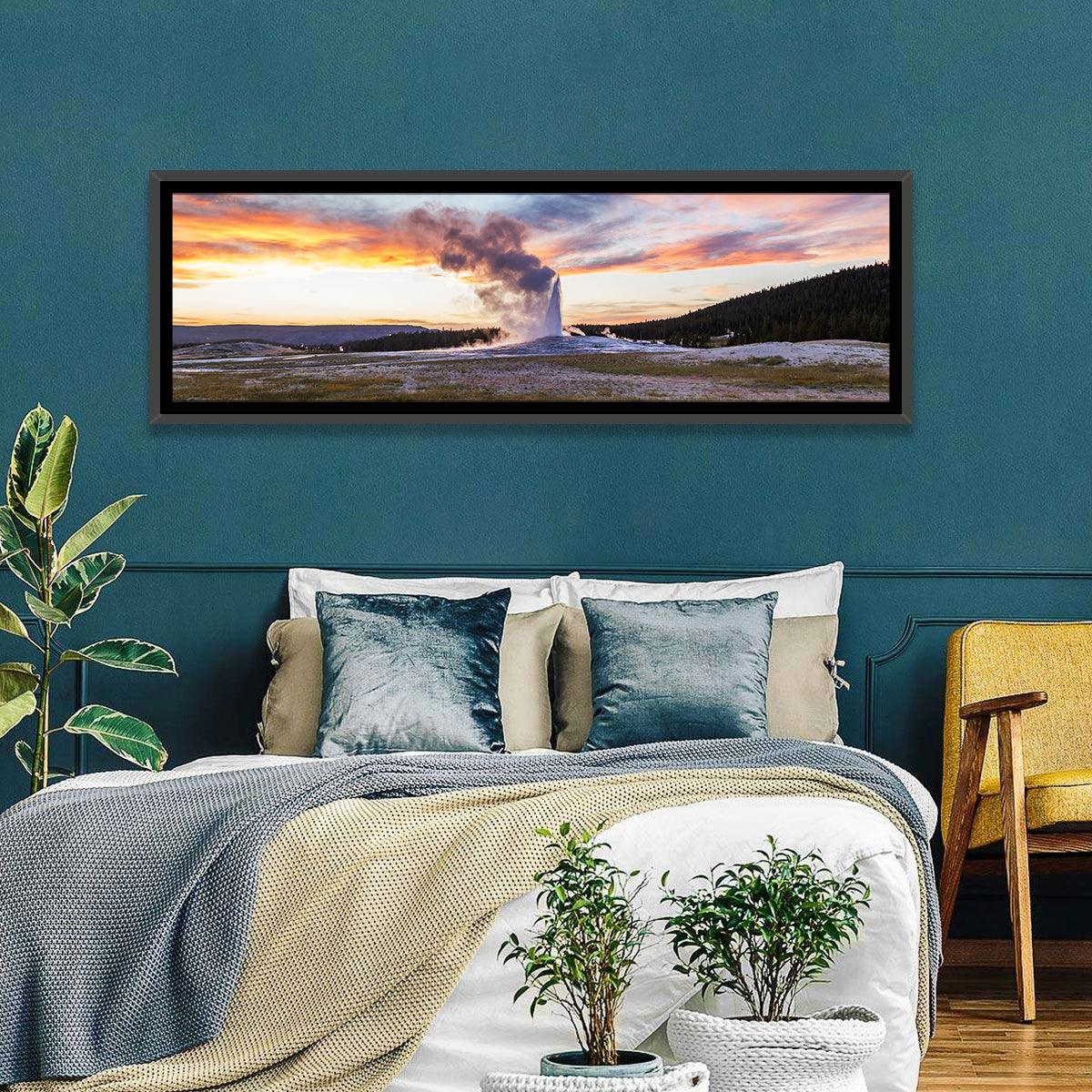 Old Faithful Erupting at Sunset Wall Art in a room, panoramic
