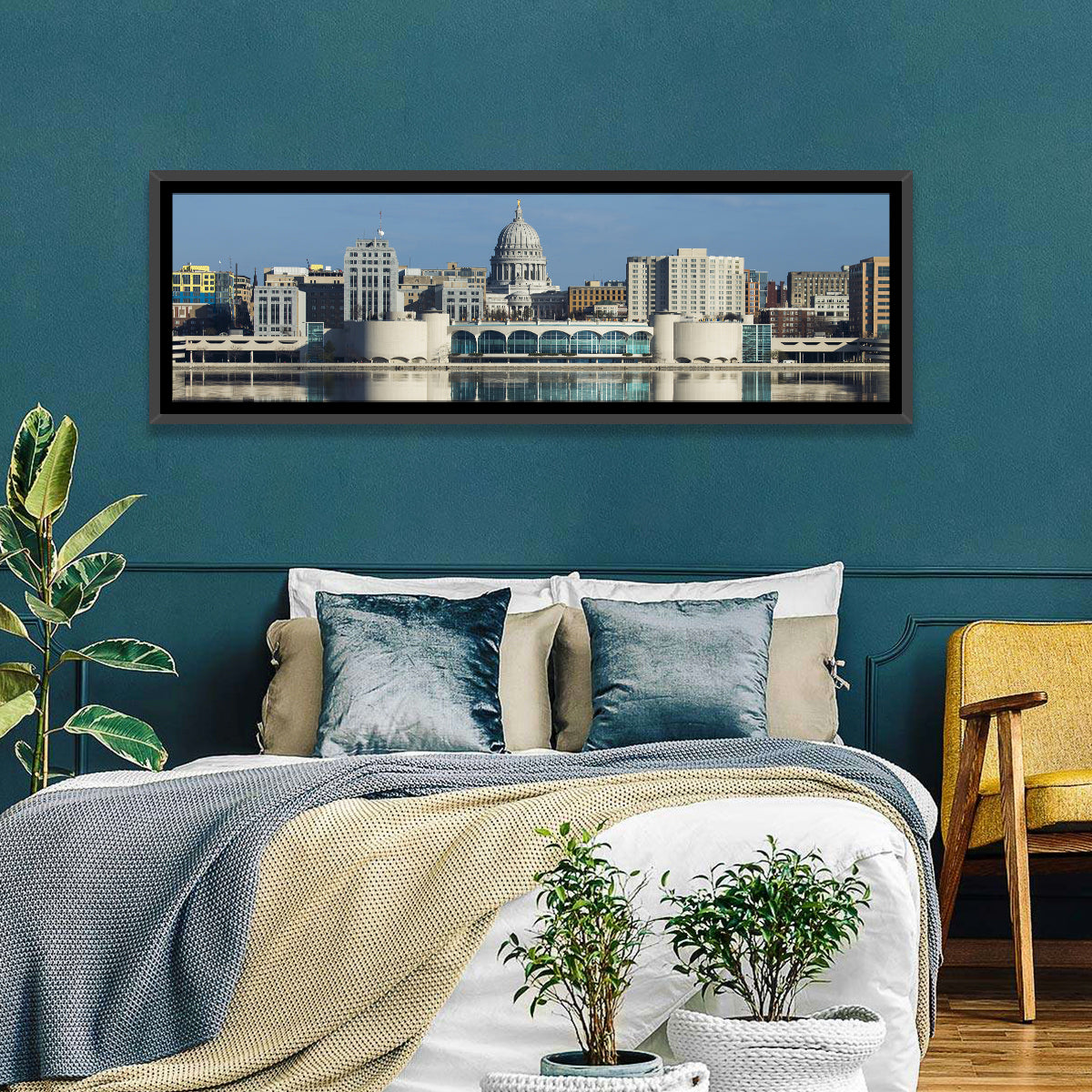 Madison Lake Monona Skyline Wall Art in a room, panoramic