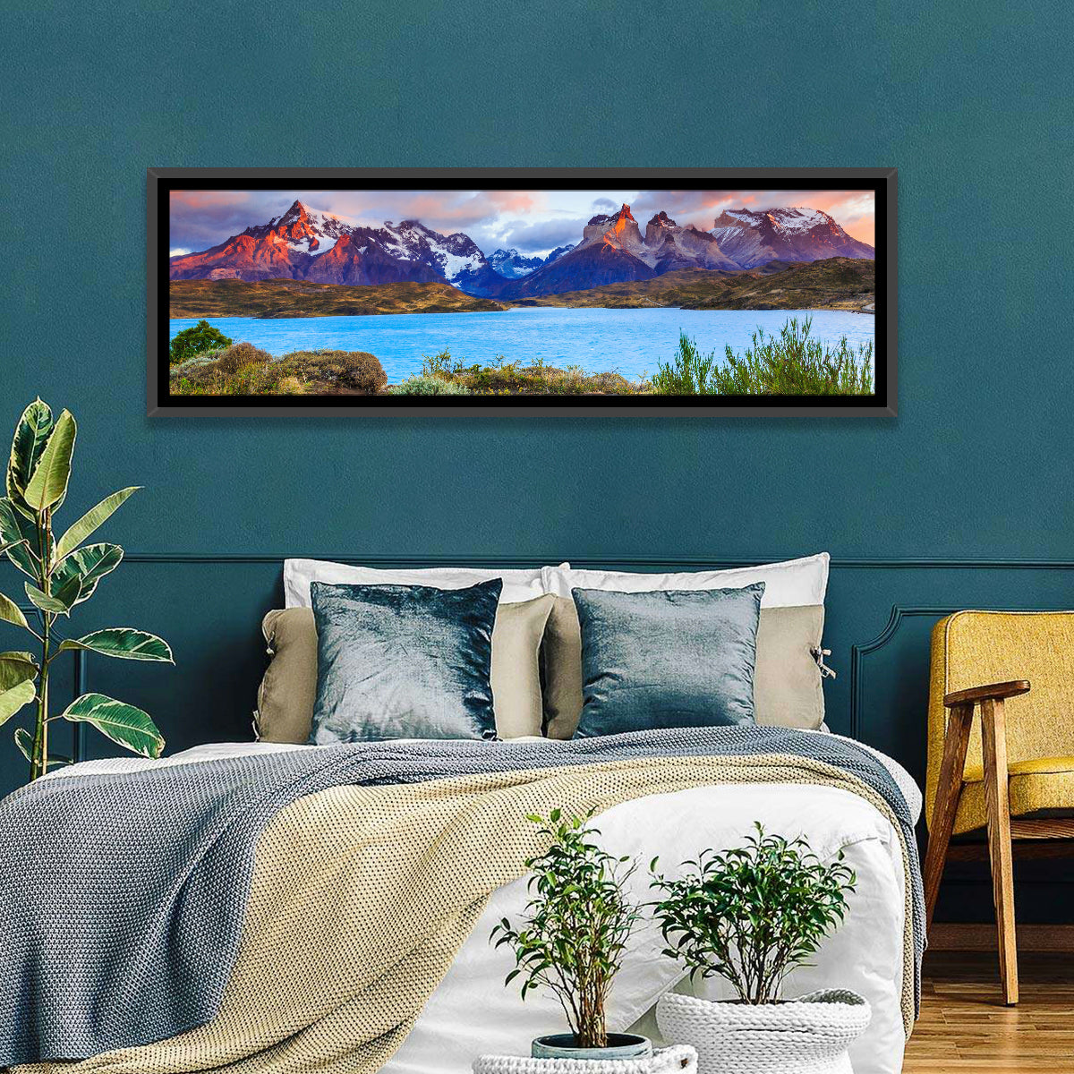Lake Pehoe at Dawn Wall Art in a room, panoramic