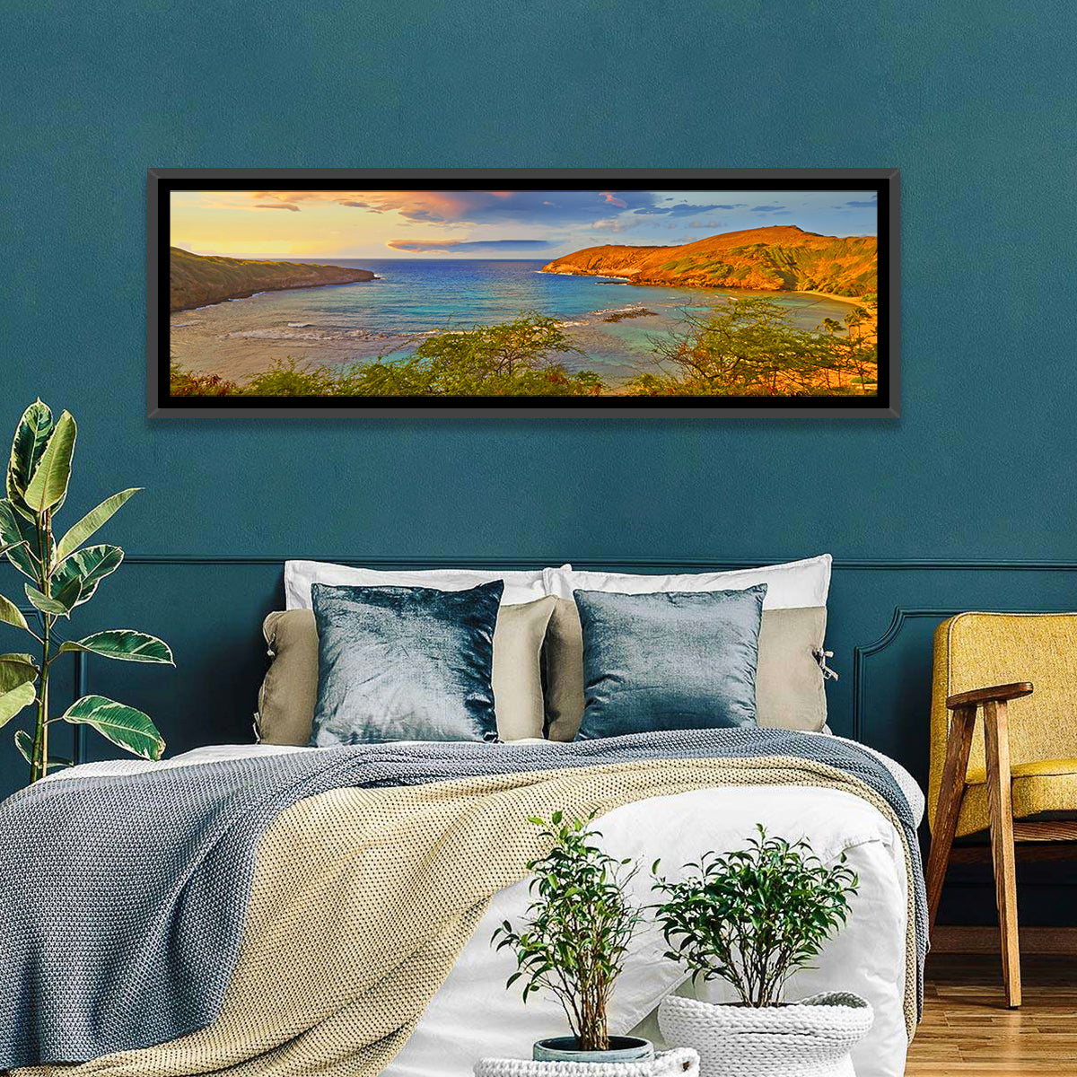 Hanauma Bay Golden Hour Wall Art in a room, panoramic