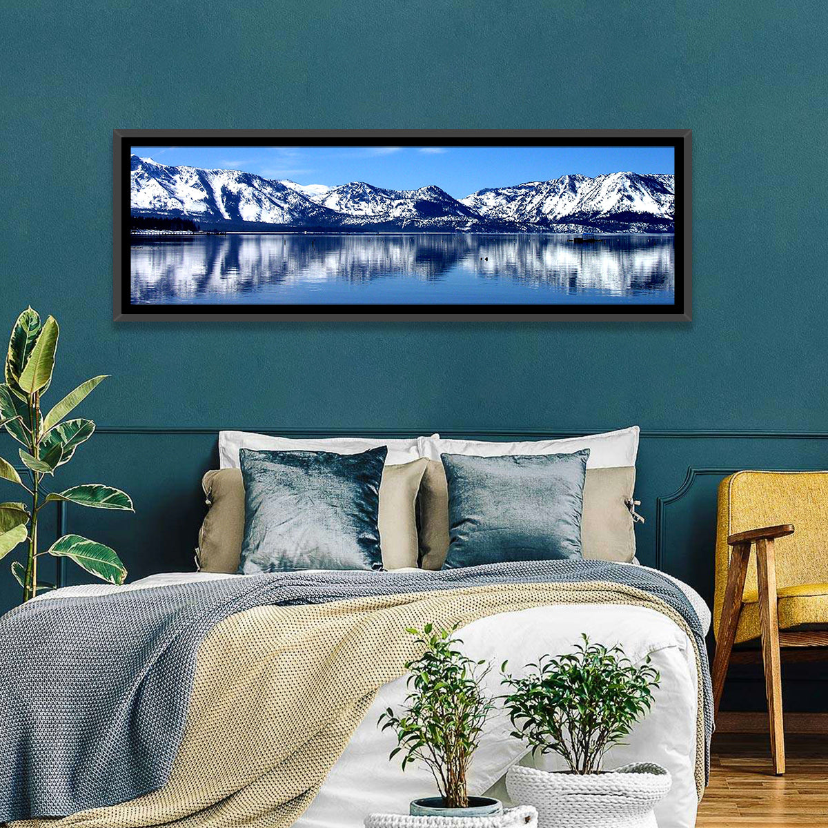 Lake Tahoe Mountain Reflection Wall Art in a room, panoramic