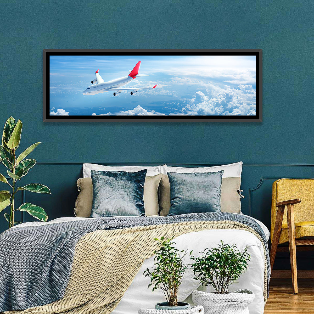 Airplane Over Blue Cloudscape Wall Art in a room, panoramic